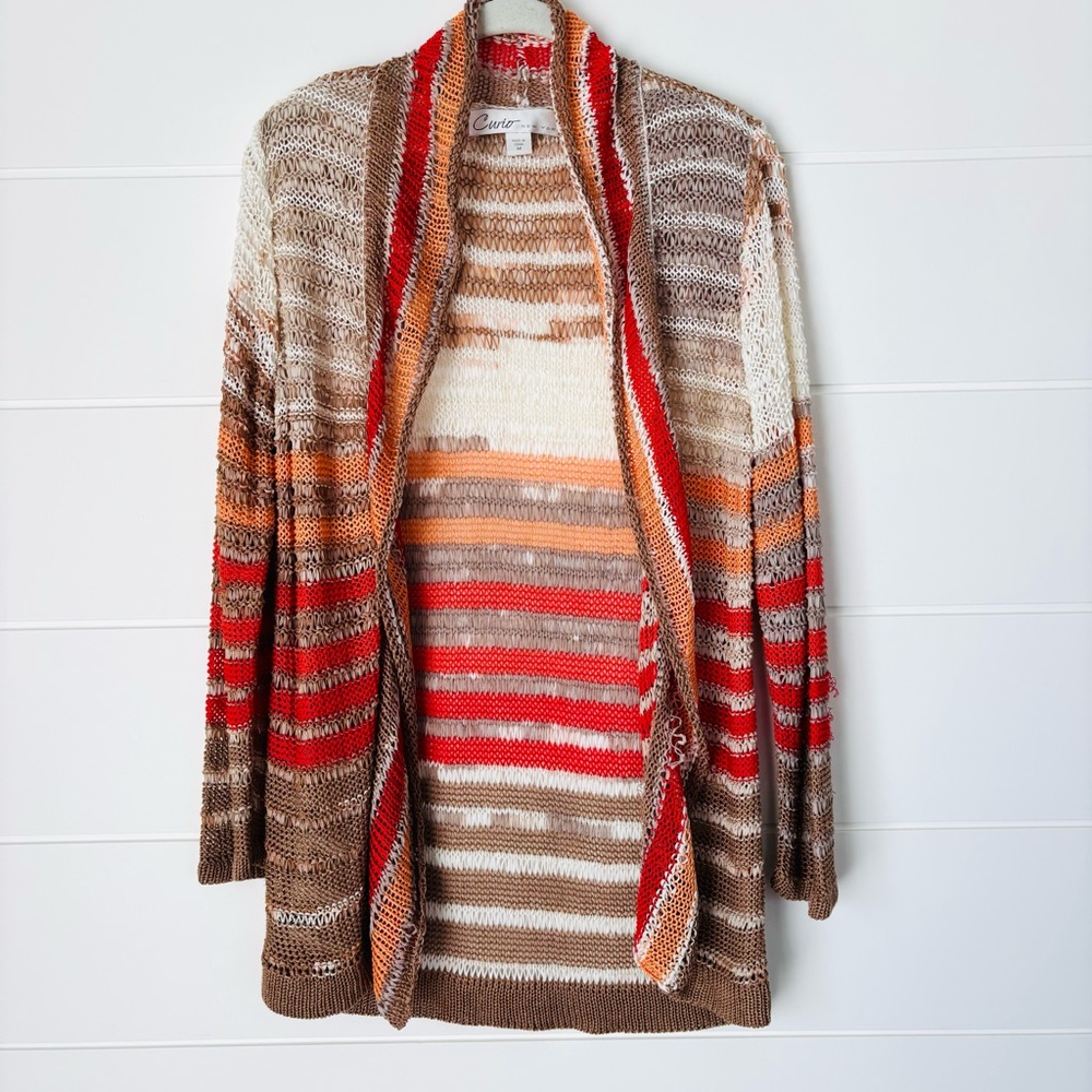 Curio New York Striped Open Front Long Knit Cardigan Sweater Medium